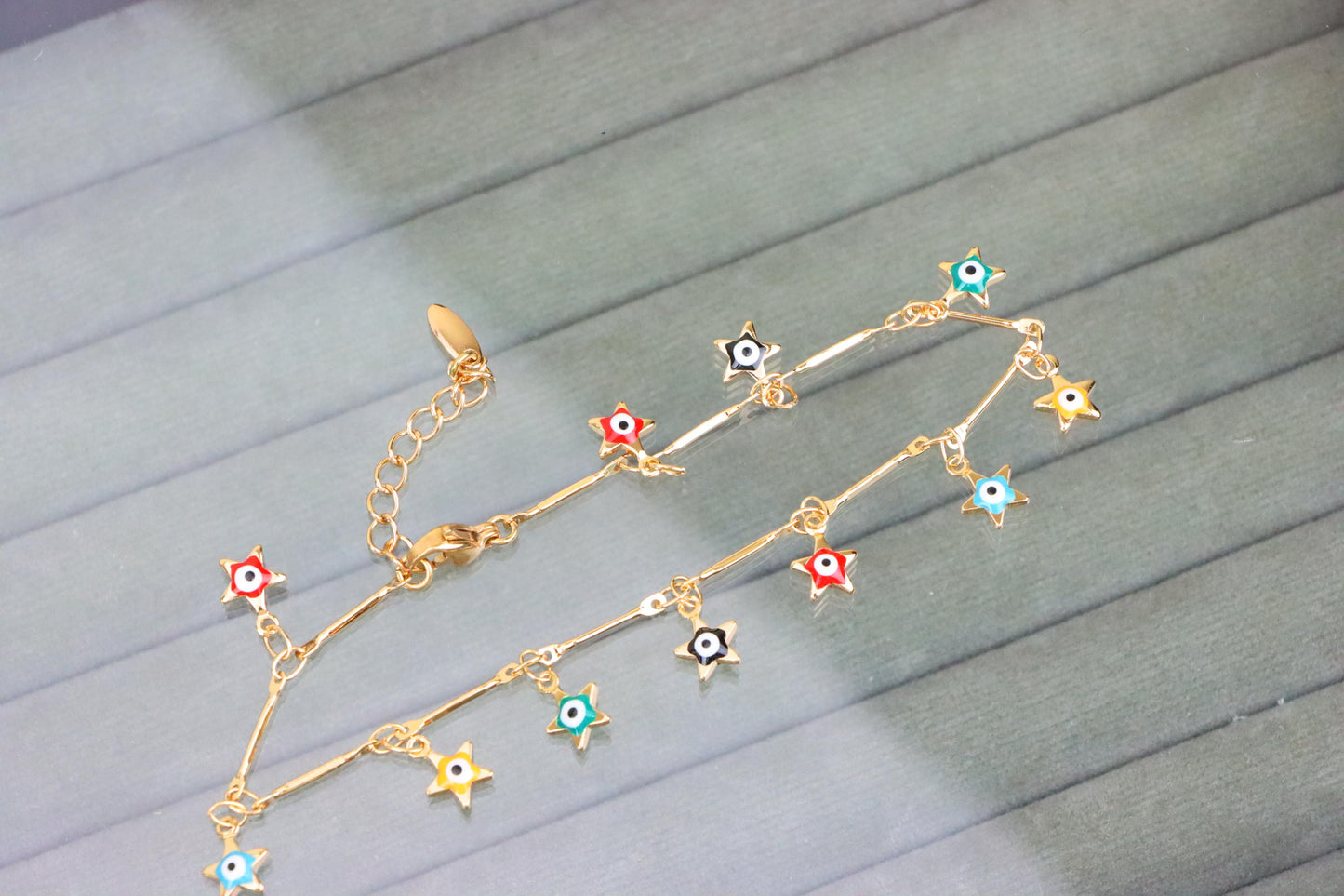 Rose Gold Evil Eye Anklet with Colorful Star Charms, XPAL1192 (2120-1)