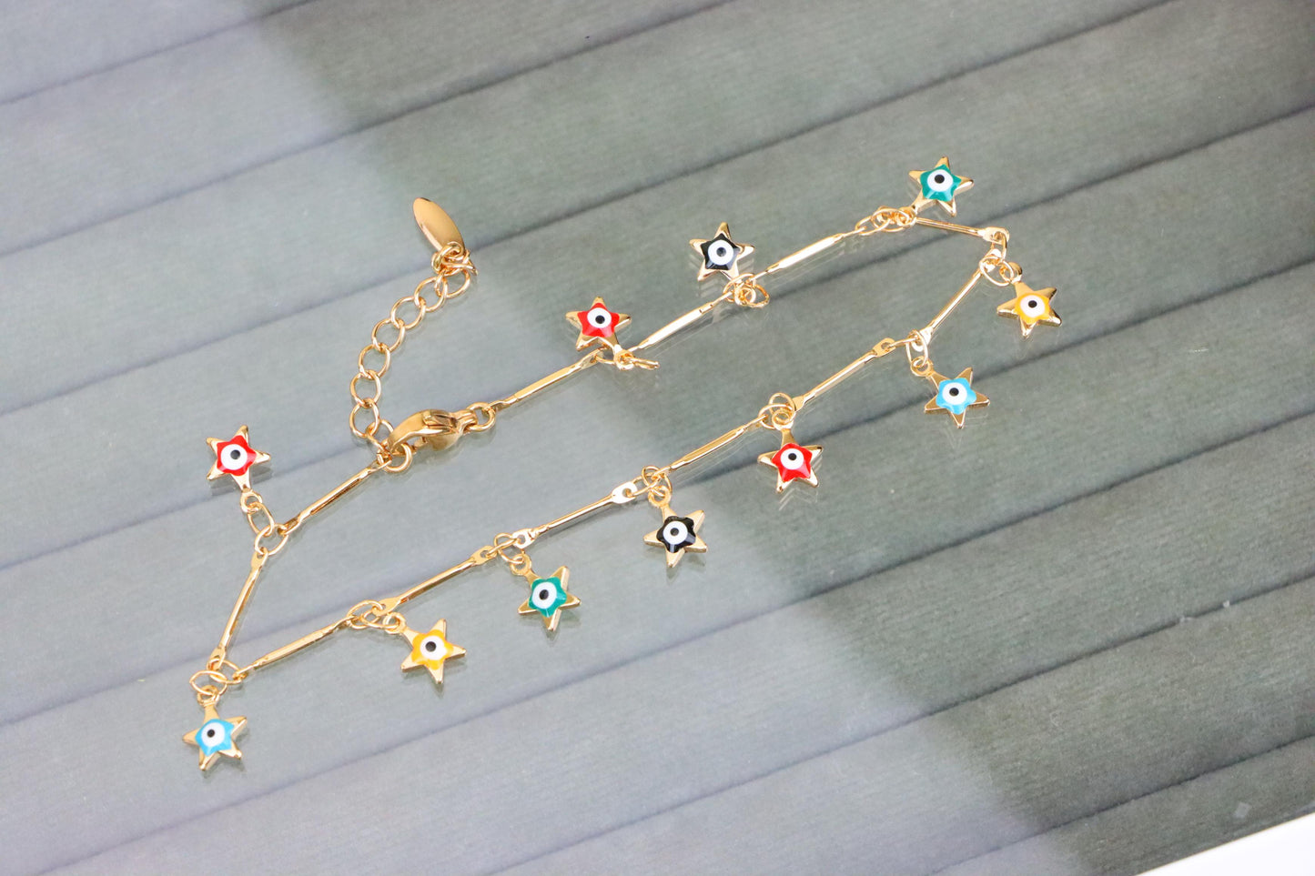 Rose Gold Evil Eye Anklet with Colorful Star Charms, XPAL1192 (2120-1)