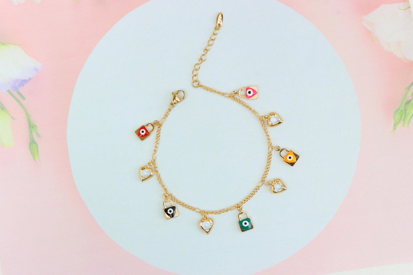Rose Gold Evil Eye & Heart Charm Anklet in Gold Plated Brass, XPAL1193 (2120-2)
