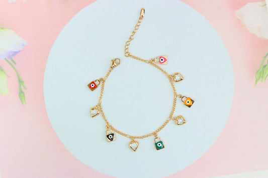 Rose Gold Evil Eye & Heart Charm Anklet in Gold Plated Brass, XPAL1193 (2120-2)
