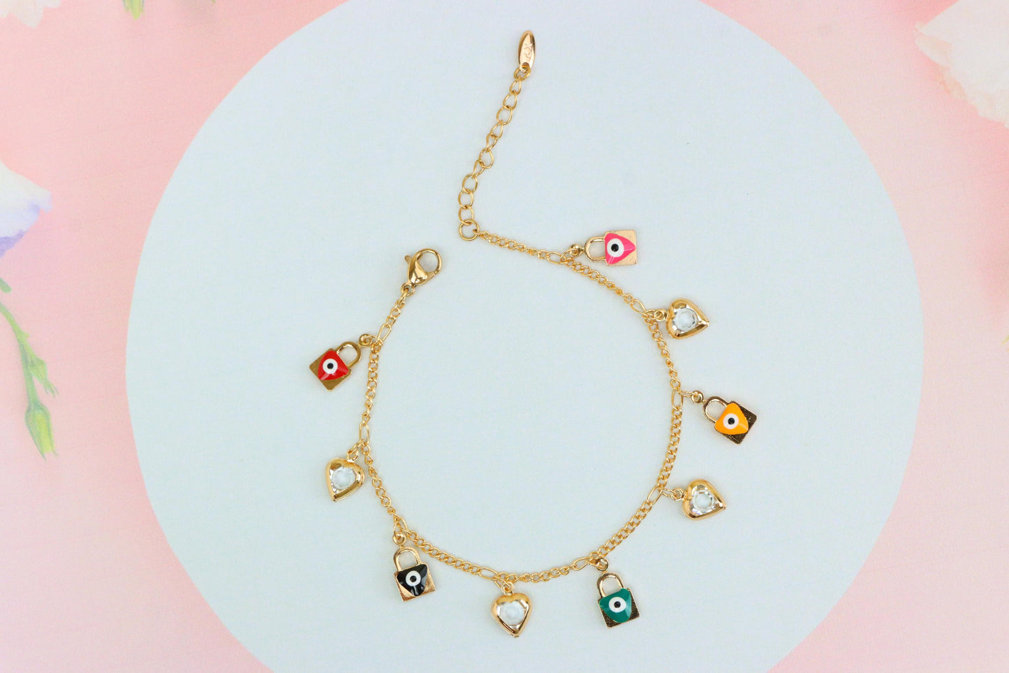 Rose Gold Evil Eye & Heart Charm Anklet in Gold Plated Brass, XPAL1193 (2120-2)