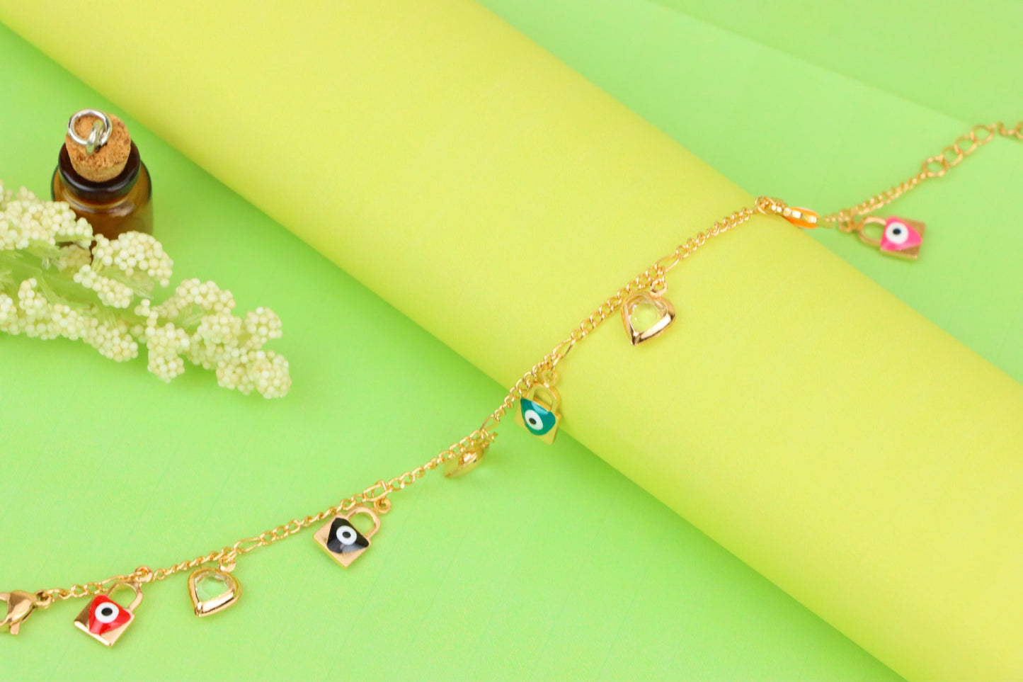 Rose Gold Evil Eye & Heart Charm Anklet in Gold Plated Brass, XPAL1193 (2120-2)