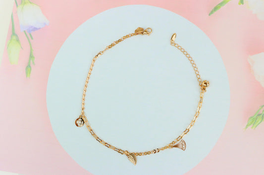 Rose Gold Plated Dual Chain Anklet with Leaf and Fan Charms, XPAL1194 (2120-3)
