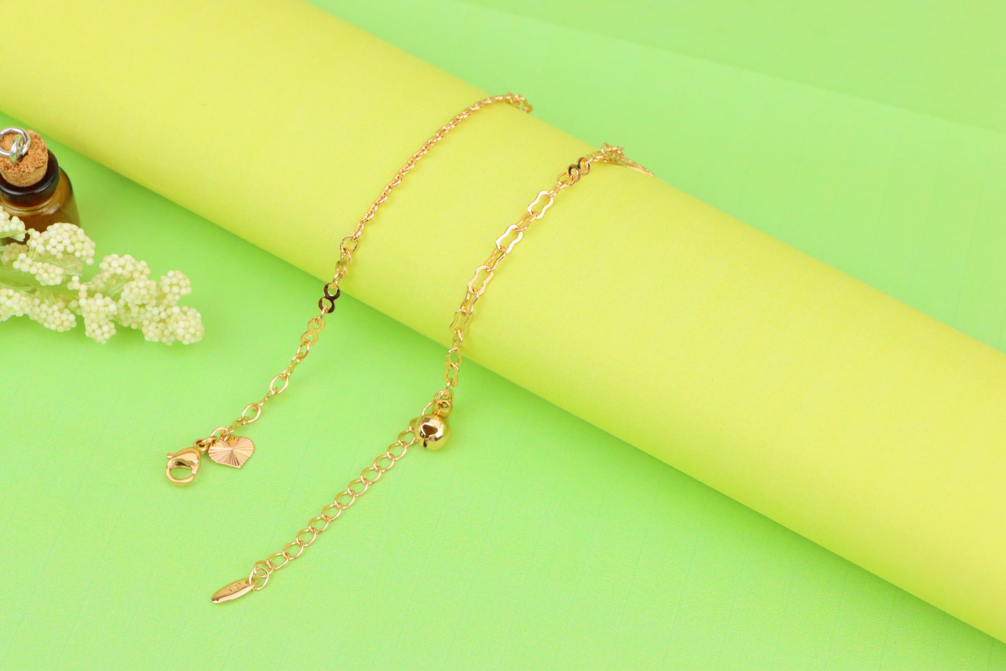 Rose Gold Plated Dual Chain Anklet with Leaf and Fan Charms, XPAL1194 (2120-3)