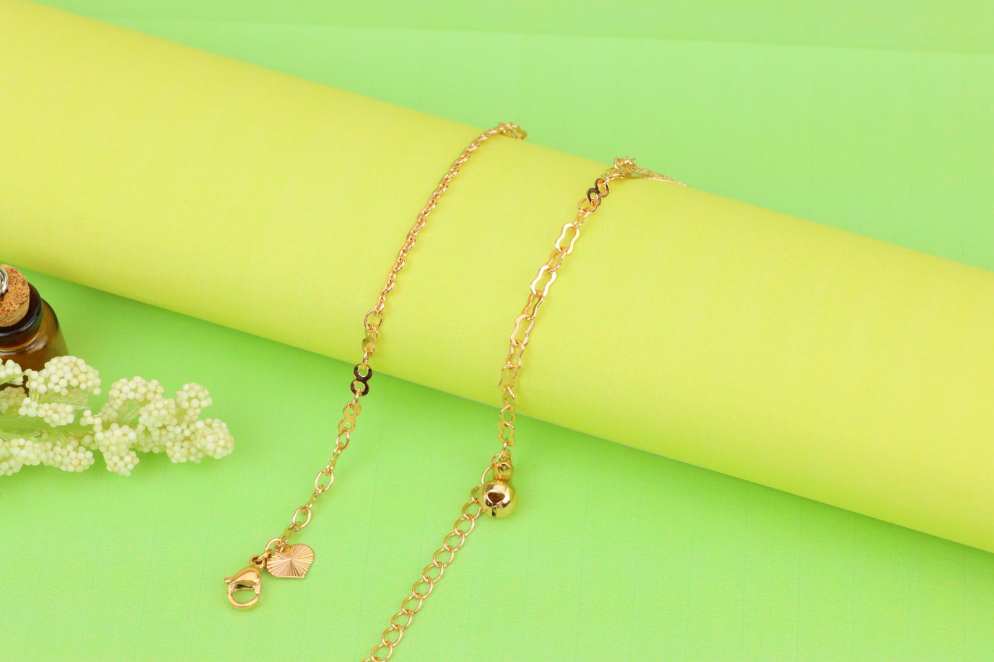 Rose Gold Plated Dual Chain Anklet with Leaf and Fan Charms, XPAL1194 (2120-3)