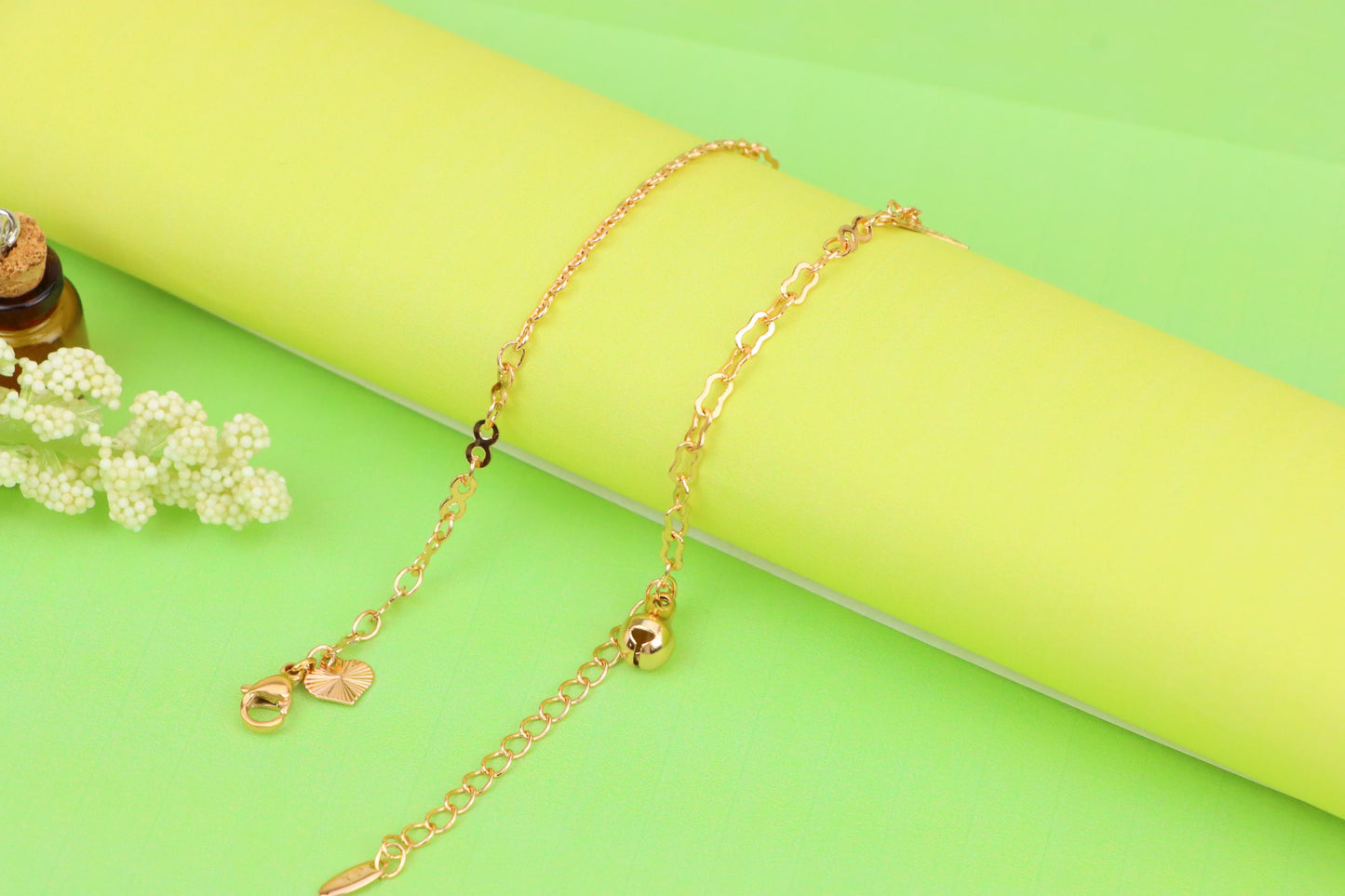 Rose Gold Plated Dual Chain Anklet with Leaf and Fan Charms, XPAL1194 (2120-3)
