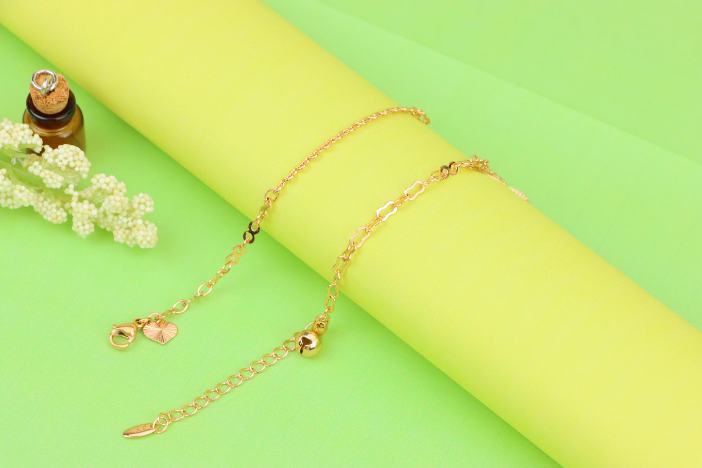 Rose Gold Plated Dual Chain Anklet with Leaf and Fan Charms, XPAL1194 (2120-3)