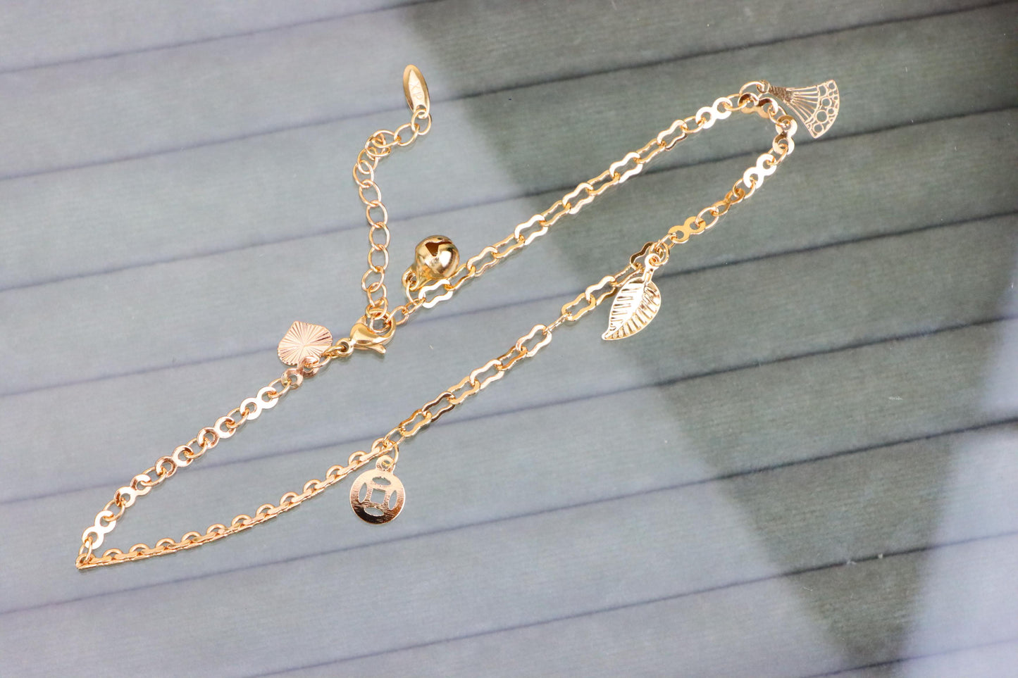 Rose Gold Plated Dual Chain Anklet with Leaf and Fan Charms, XPAL1194 (2120-3)