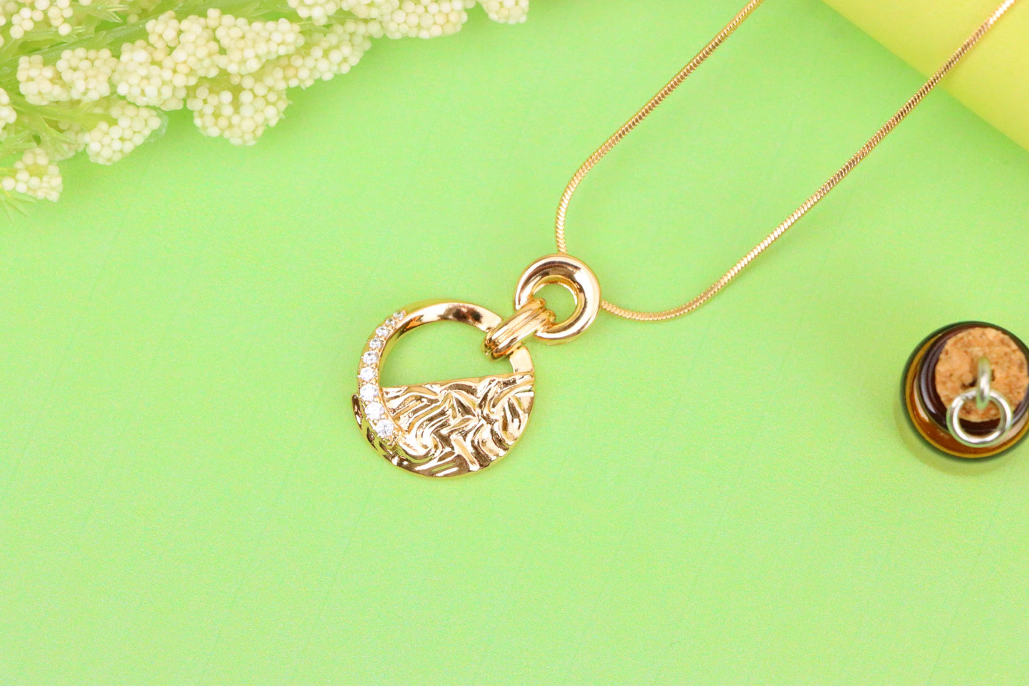 Textured Circle Rose Gold Pendant with Crystals, XPPT1583 (2146-3)