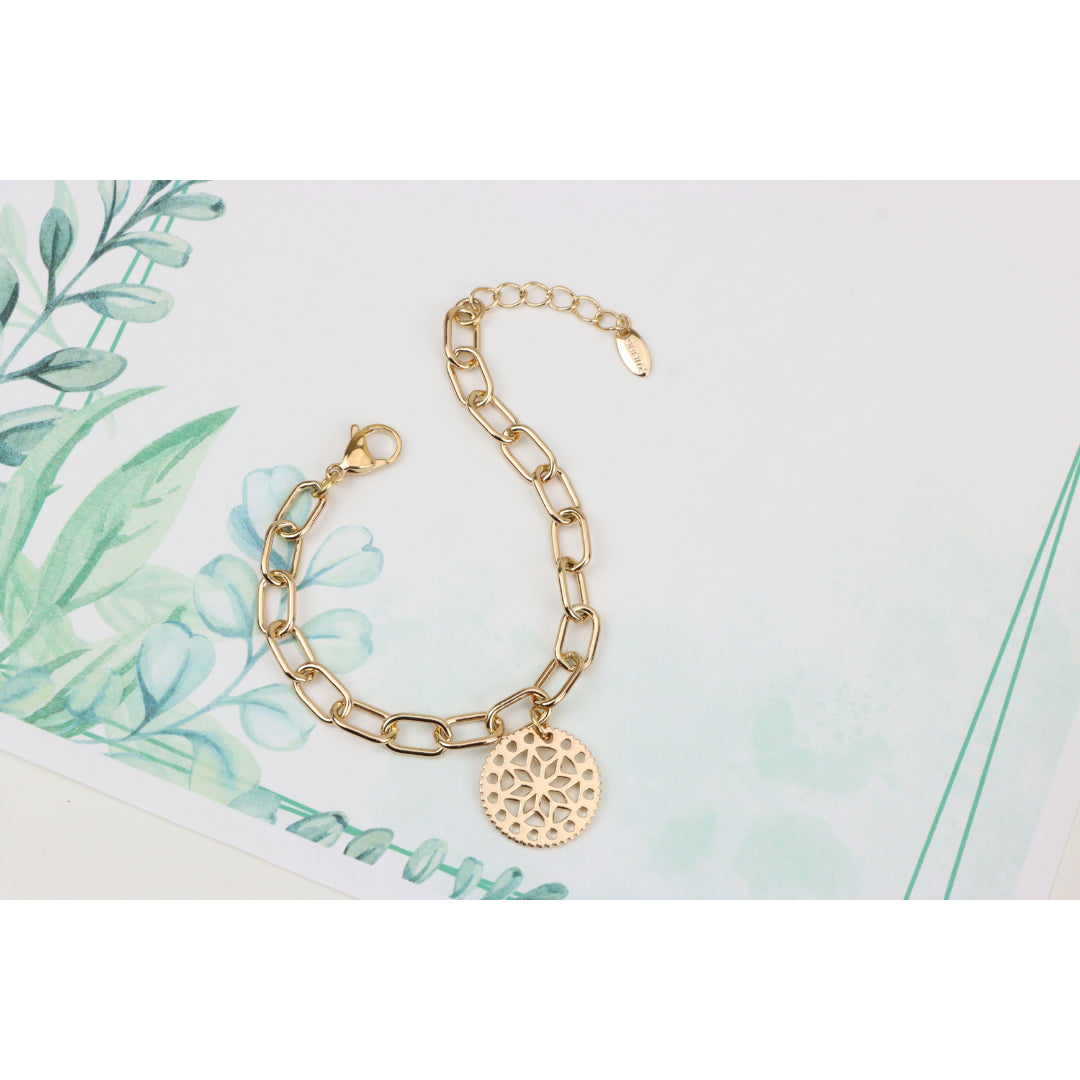 Rose Gold Plated Bracelet with Cutout Floral Disc Charm, XPBL0880 (2088-9)