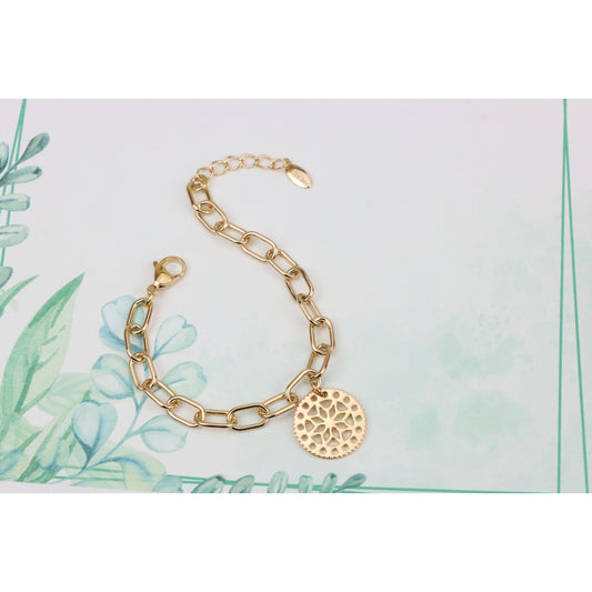 Rose Gold Plated Bracelet with Cutout Floral Disc Charm, XPBL0880 (2088-9)