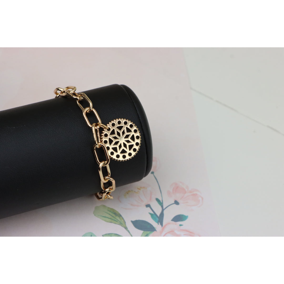 Rose Gold Plated Bracelet with Cutout Floral Disc Charm, XPBL0880 (2088-9)