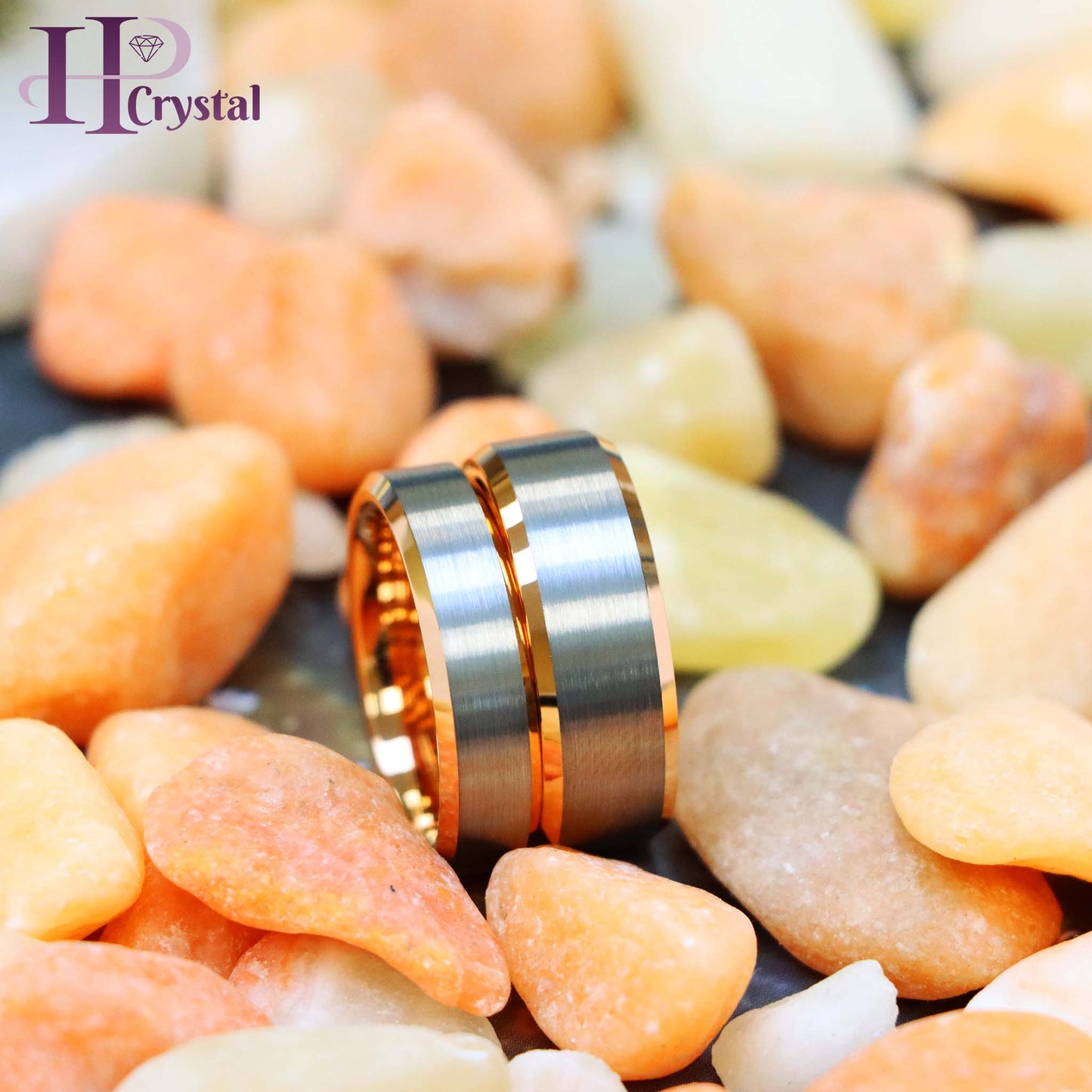 Brushed Center, Rose Gold Plated Beveled Edge & Inside Tungsten Ring