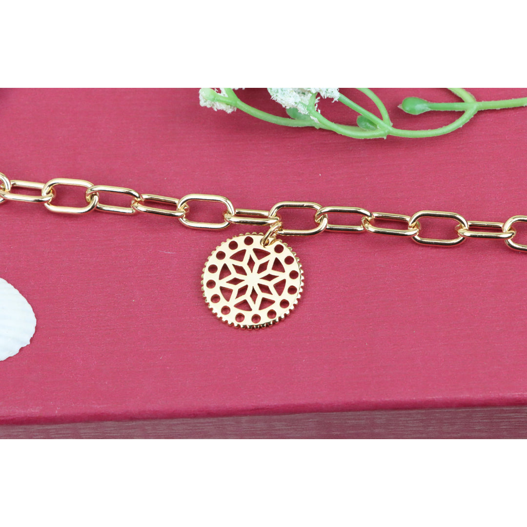 Rose Gold Plated Bracelet with Cutout Floral Disc Charm, XPBL0880 (2088-9)