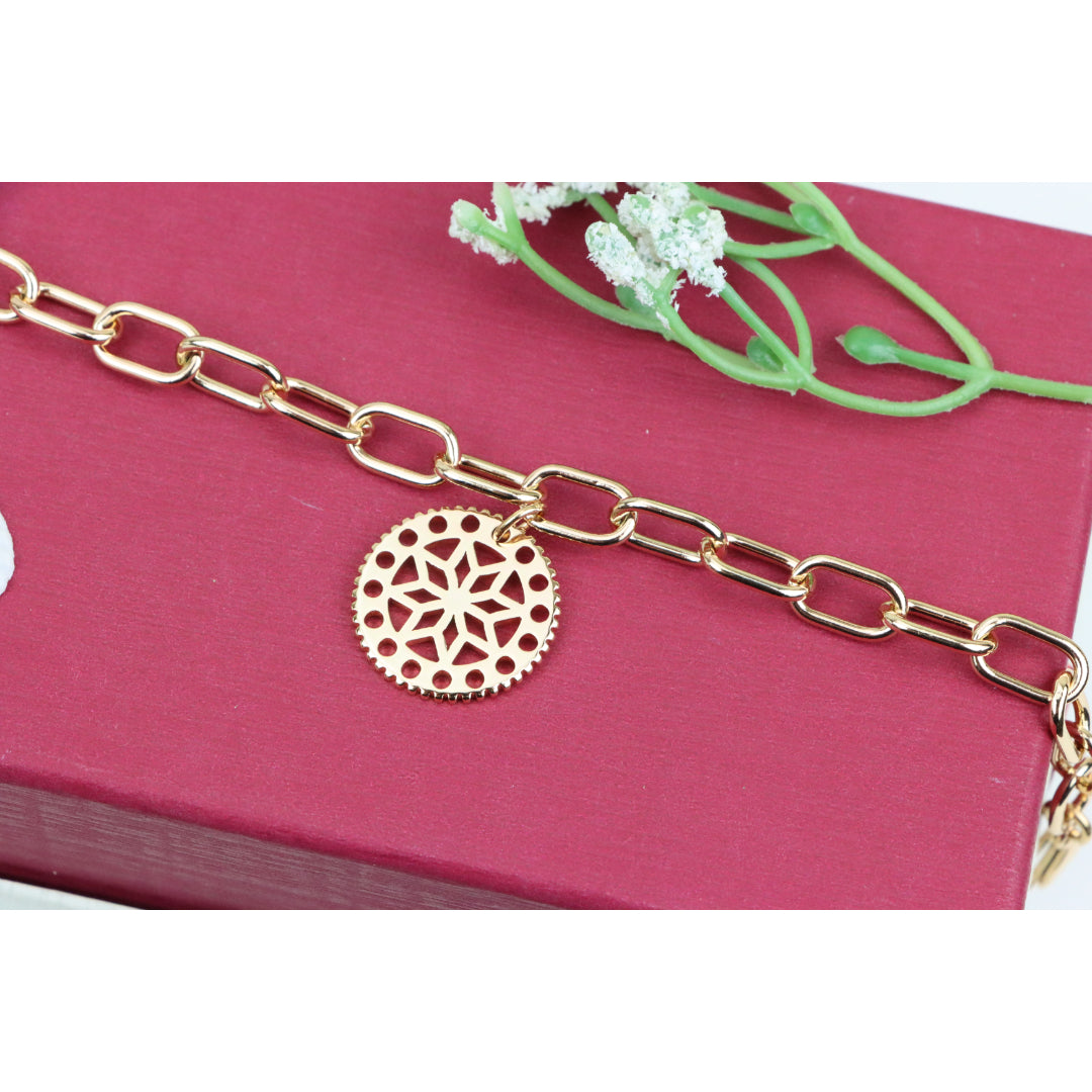 Rose Gold Plated Bracelet with Cutout Floral Disc Charm, XPBL0880 (2088-9)