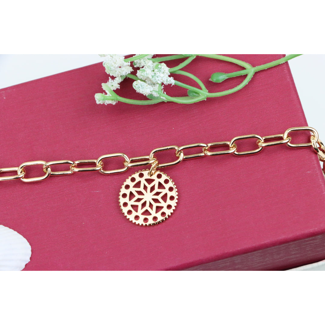 Rose Gold Plated Bracelet with Cutout Floral Disc Charm, XPBL0880 (2088-9)