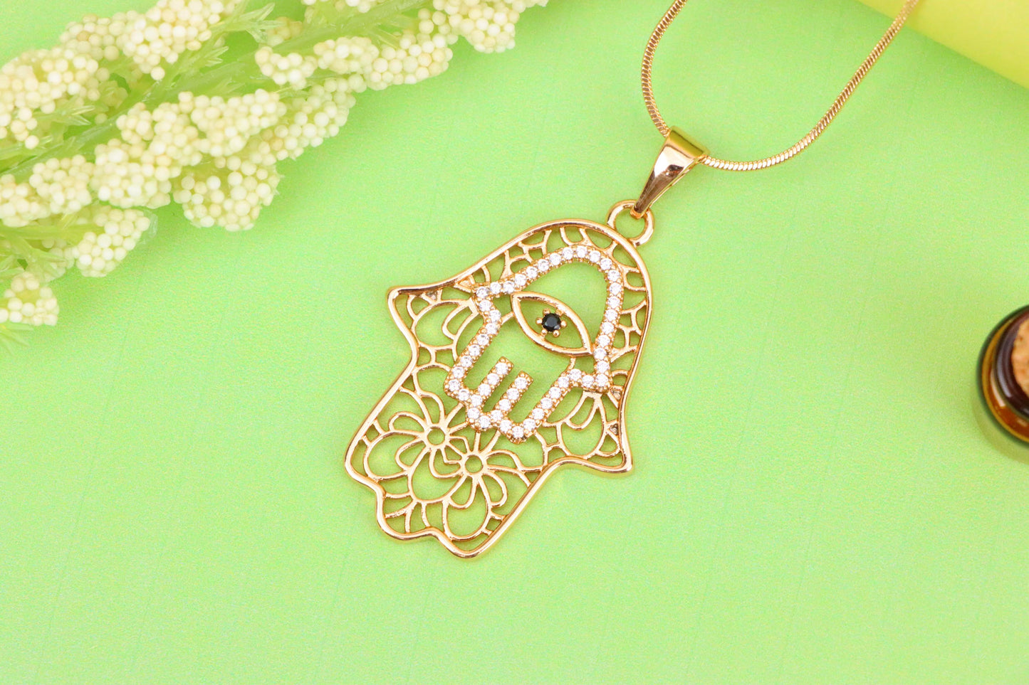 Rose Gold Hamsa Hand Pendant with Crystal Eye Statement Charm, XPPT1585 (2146-5)