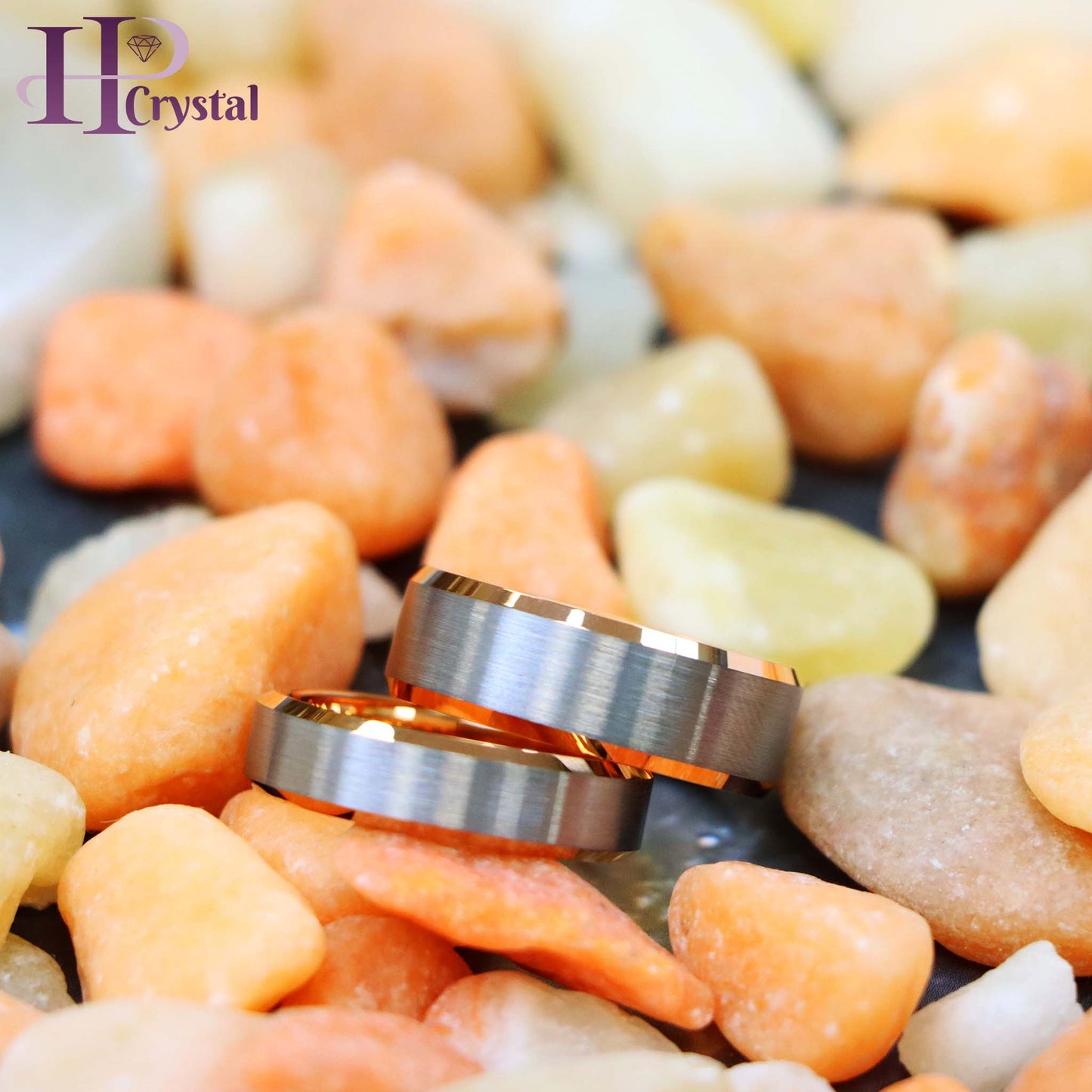 Brushed Center, Rose Gold Plated Beveled Edge & Inside Tungsten Ring