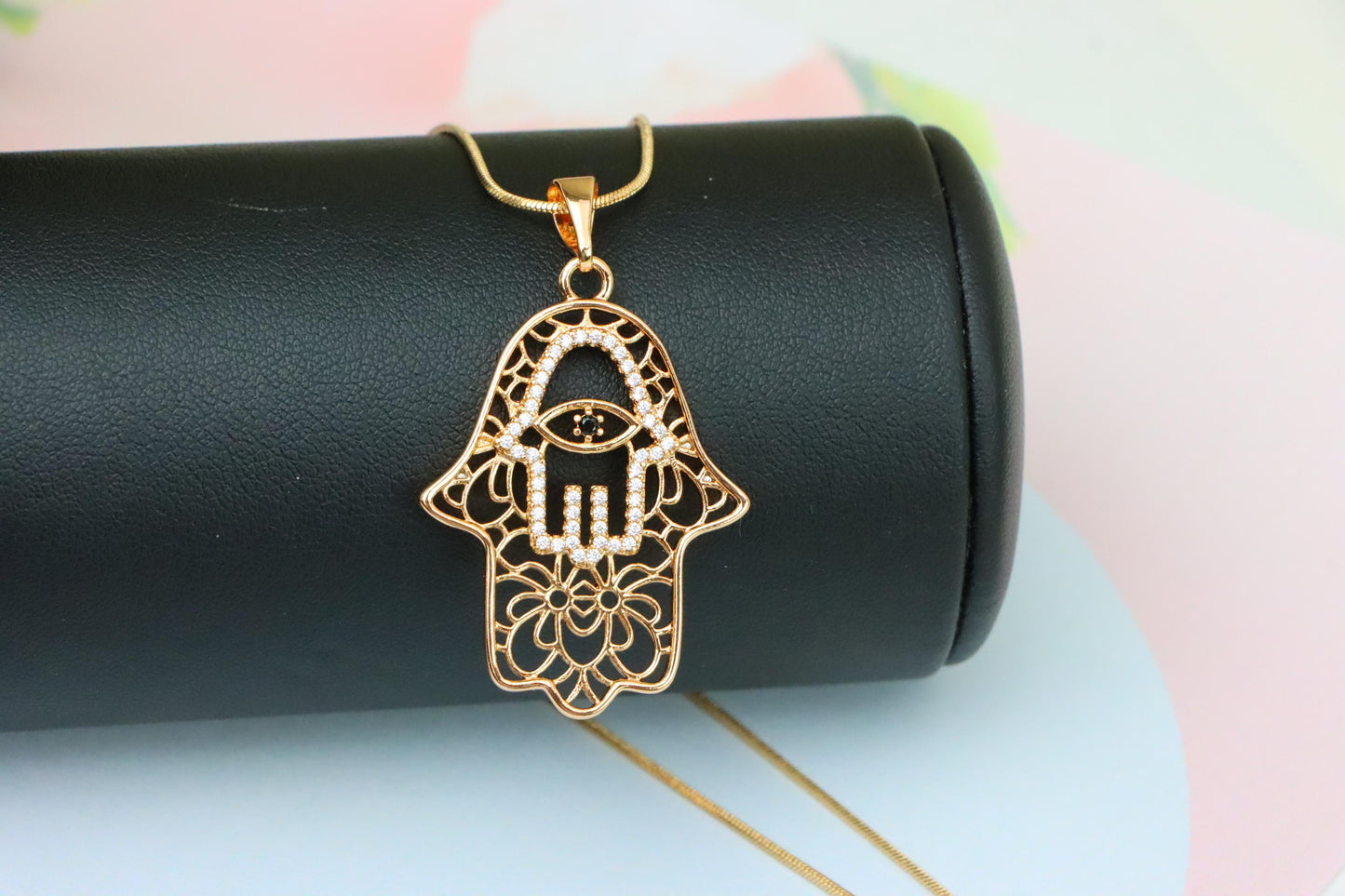 Rose Gold Hamsa Hand Pendant with Crystal Eye Statement Charm, XPPT1585 (2146-5)