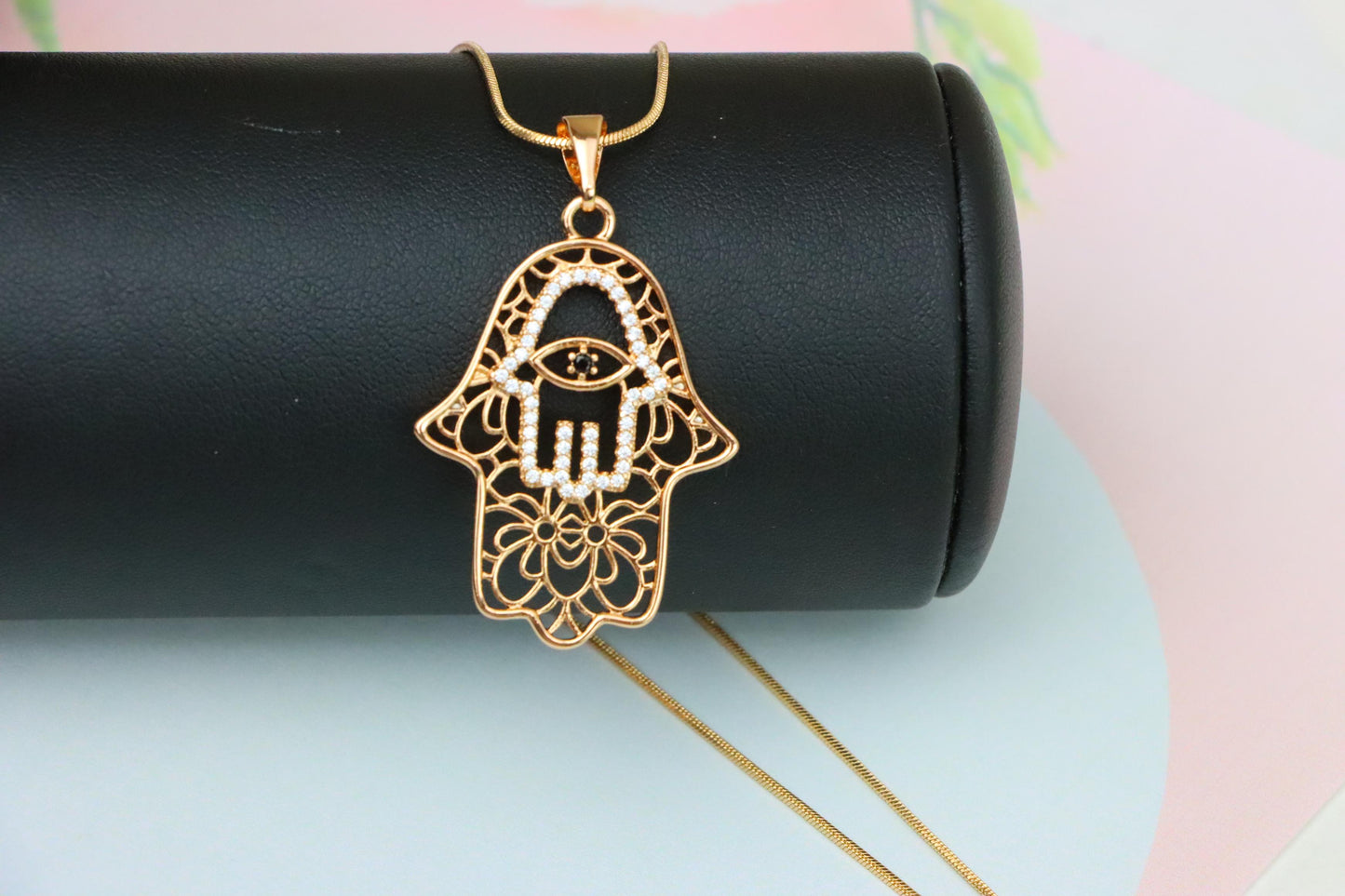 Rose Gold Hamsa Hand Pendant with Crystal Eye Statement Charm, XPPT1585 (2146-5)
