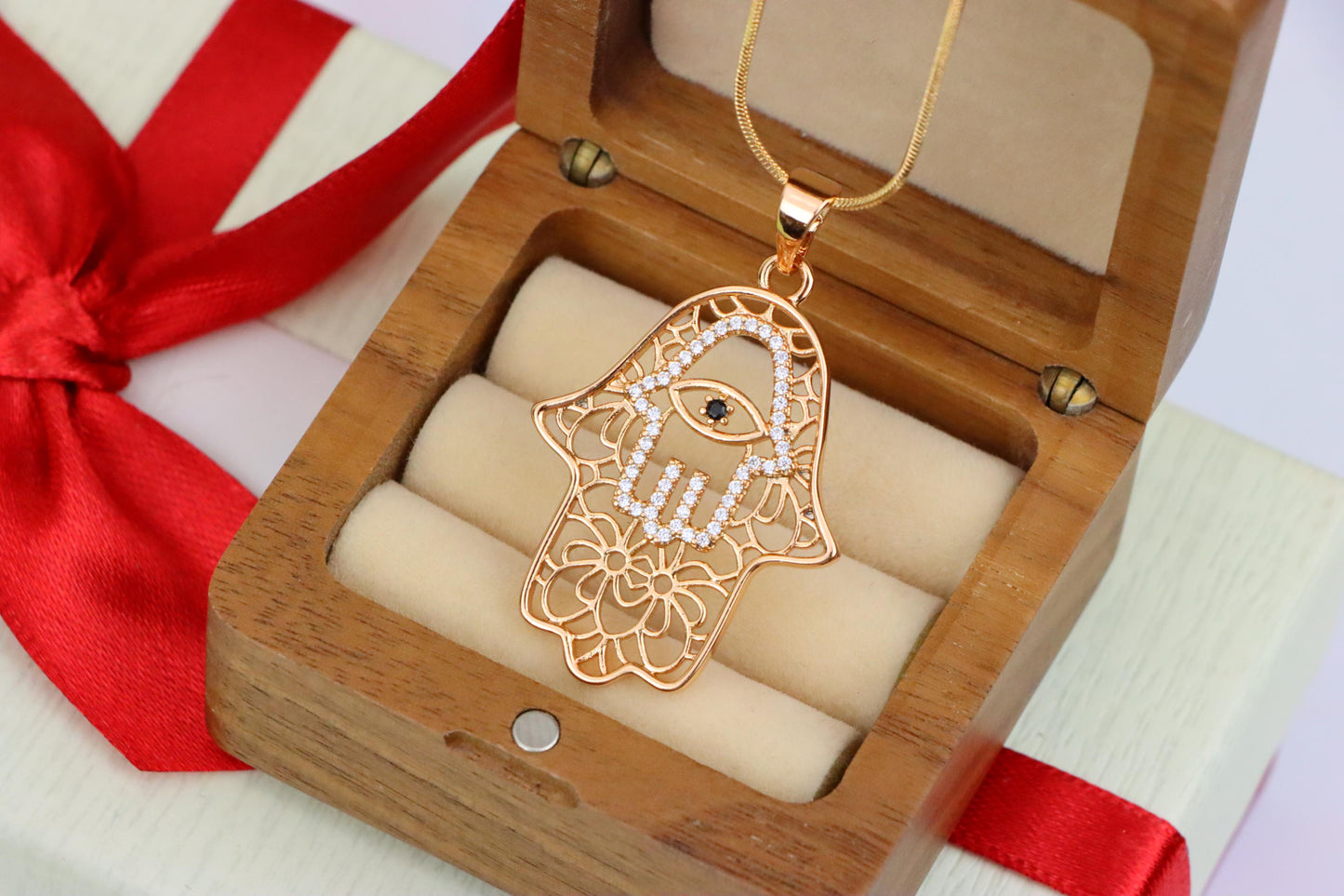 Rose Gold Hamsa Hand Pendant with Crystal Eye Statement Charm, XPPT1585 (2146-5)