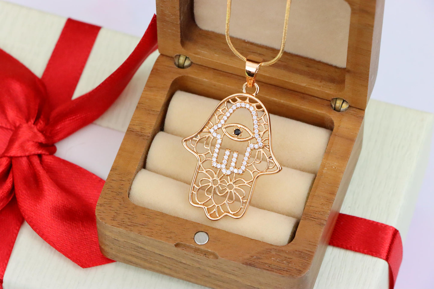 Rose Gold Hamsa Hand Pendant with Crystal Eye Statement Charm, XPPT1585 (2146-5)