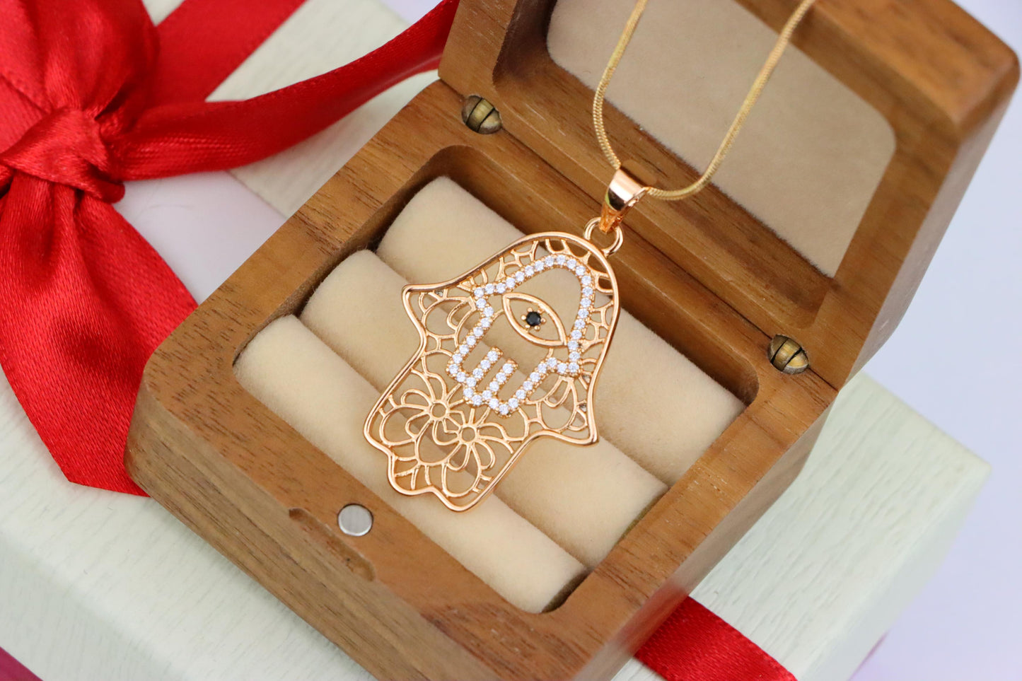 Rose Gold Hamsa Hand Pendant with Crystal Eye Statement Charm, XPPT1585 (2146-5)