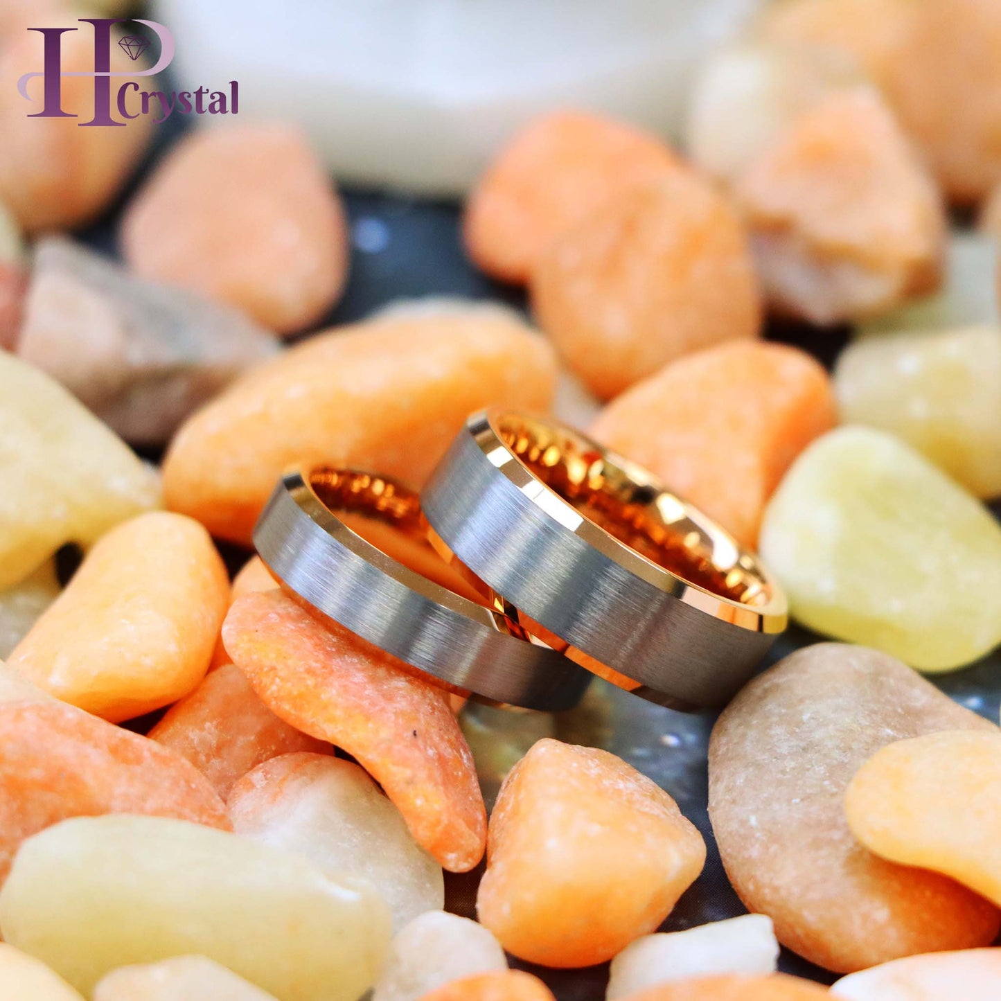 Brushed Center, Rose Gold Plated Beveled Edge & Inside Tungsten Ring
