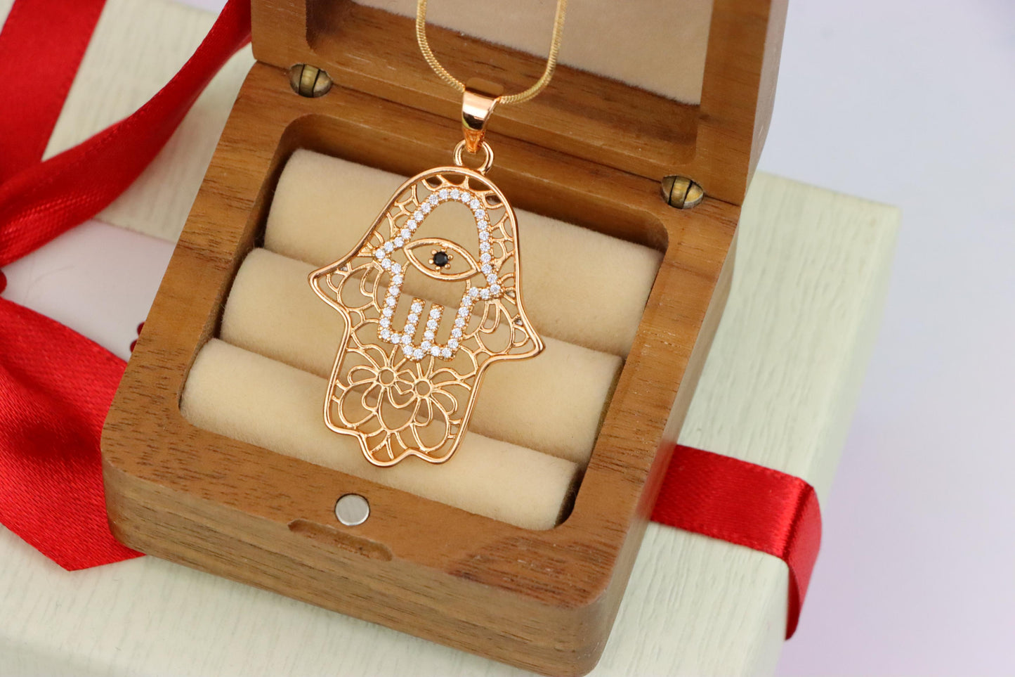 Rose Gold Hamsa Hand Pendant with Crystal Eye Statement Charm, XPPT1585 (2146-5)
