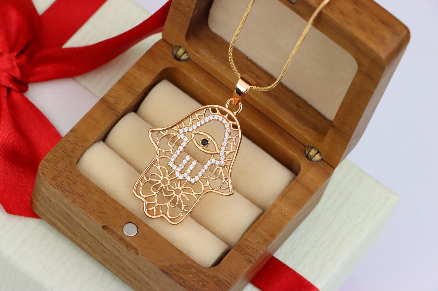 Rose Gold Hamsa Hand Pendant with Crystal Eye Statement Charm, XPPT1585 (2146-5)