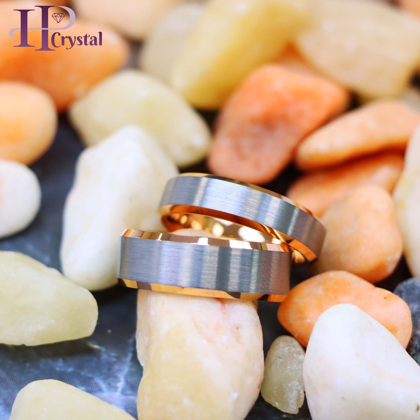 Brushed Center, Rose Gold Plated Beveled Edge & Inside Tungsten Ring