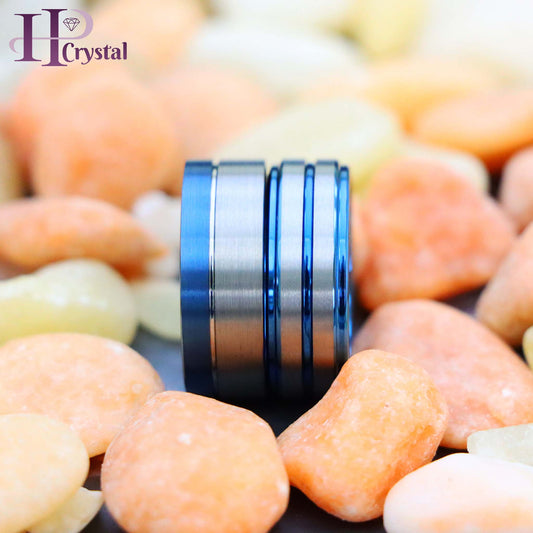 Off-Center Grooved Blue IP Plated Brushed Pipe Cut /Stepped Edge Tungsten Ring (MARET741)