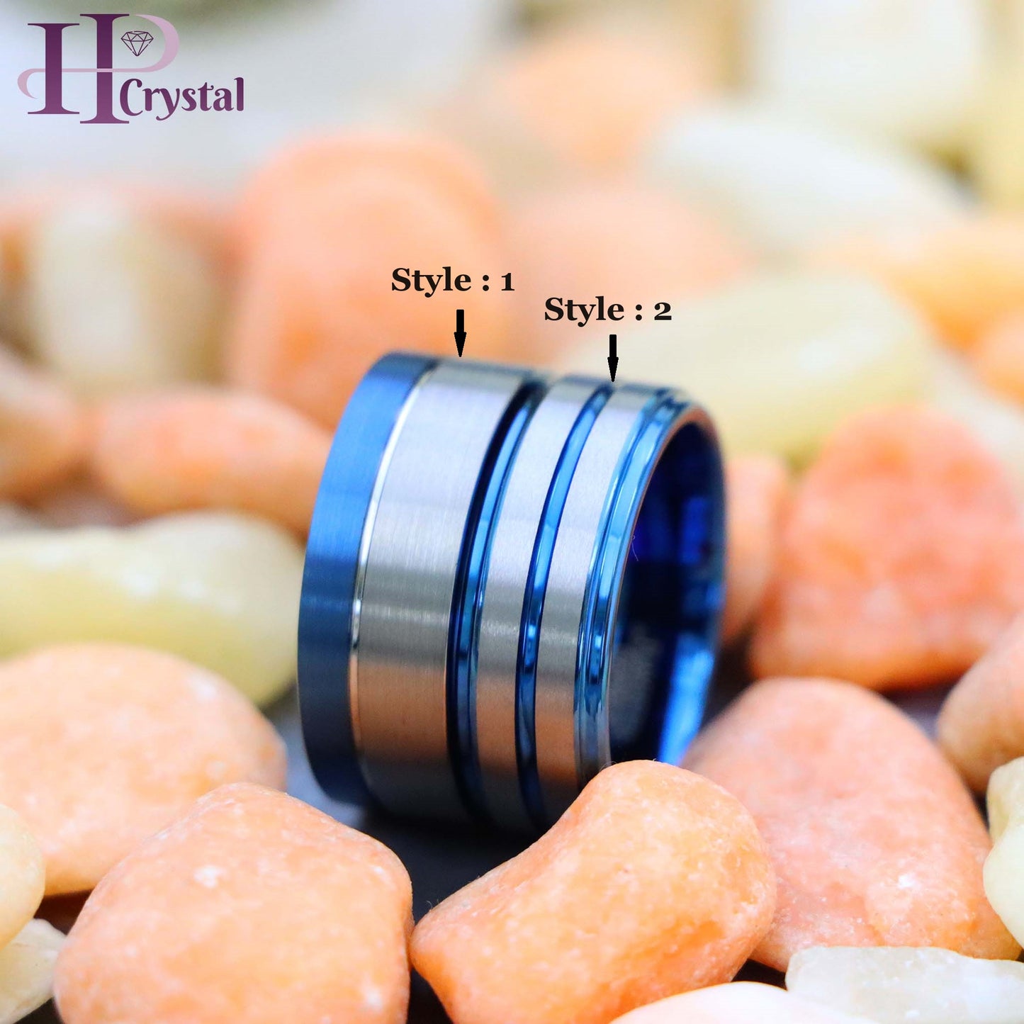 Off-Center Grooved Blue IP Plated Brushed Pipe Cut /Stepped Edge Tungsten Ring