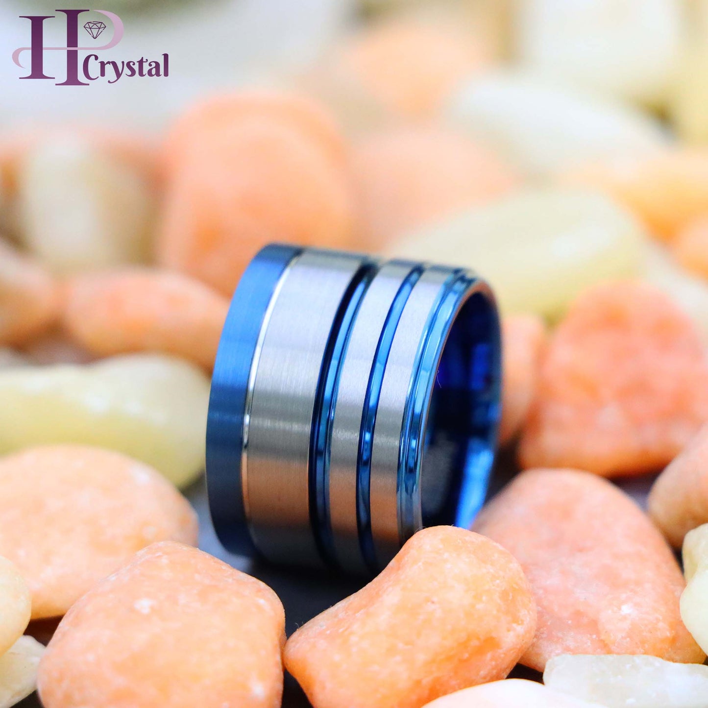 Off-Center Grooved Blue IP Plated Brushed Pipe Cut /Stepped Edge Tungsten Ring