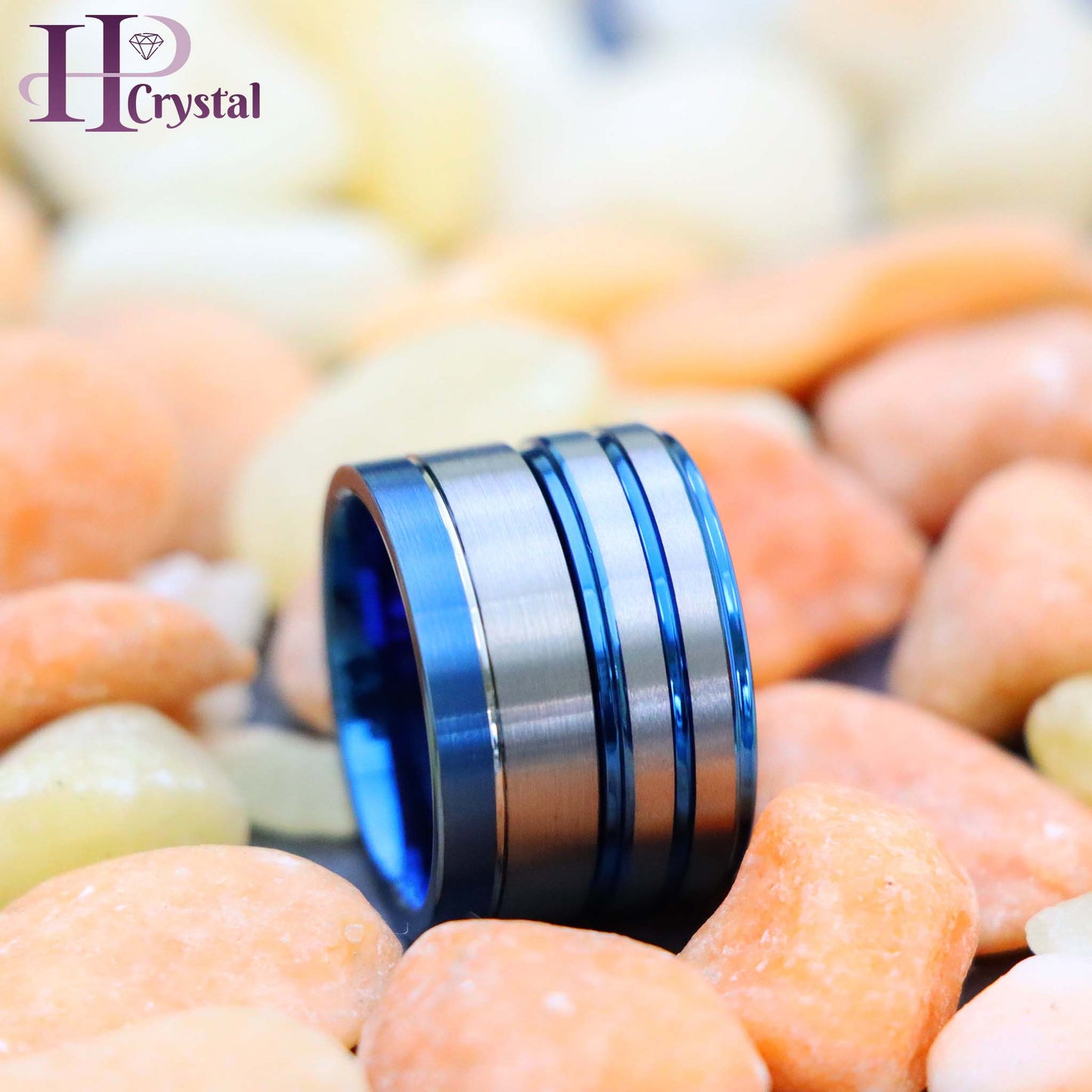 Off-Center Grooved Blue IP Plated Brushed Pipe Cut /Stepped Edge Tungsten Ring