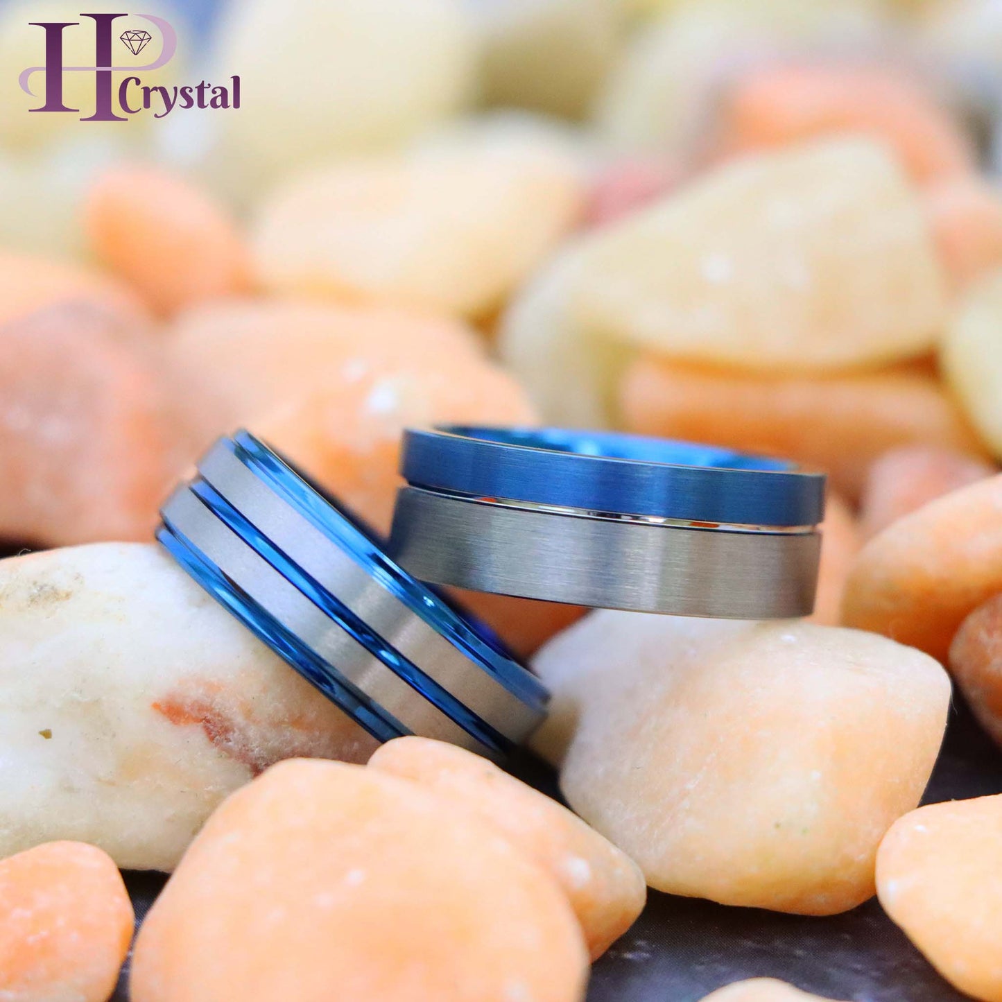 Off-Center Grooved Blue IP Plated Brushed Pipe Cut /Stepped Edge Tungsten Ring