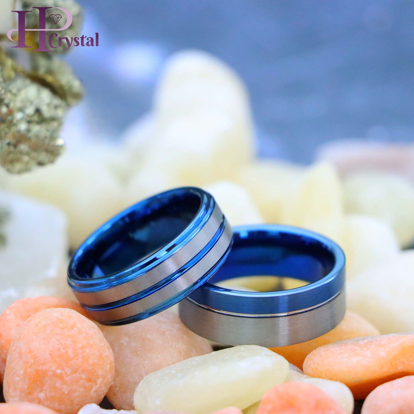 Off-Center Grooved Blue IP Plated Brushed Pipe Cut /Stepped Edge Tungsten Ring