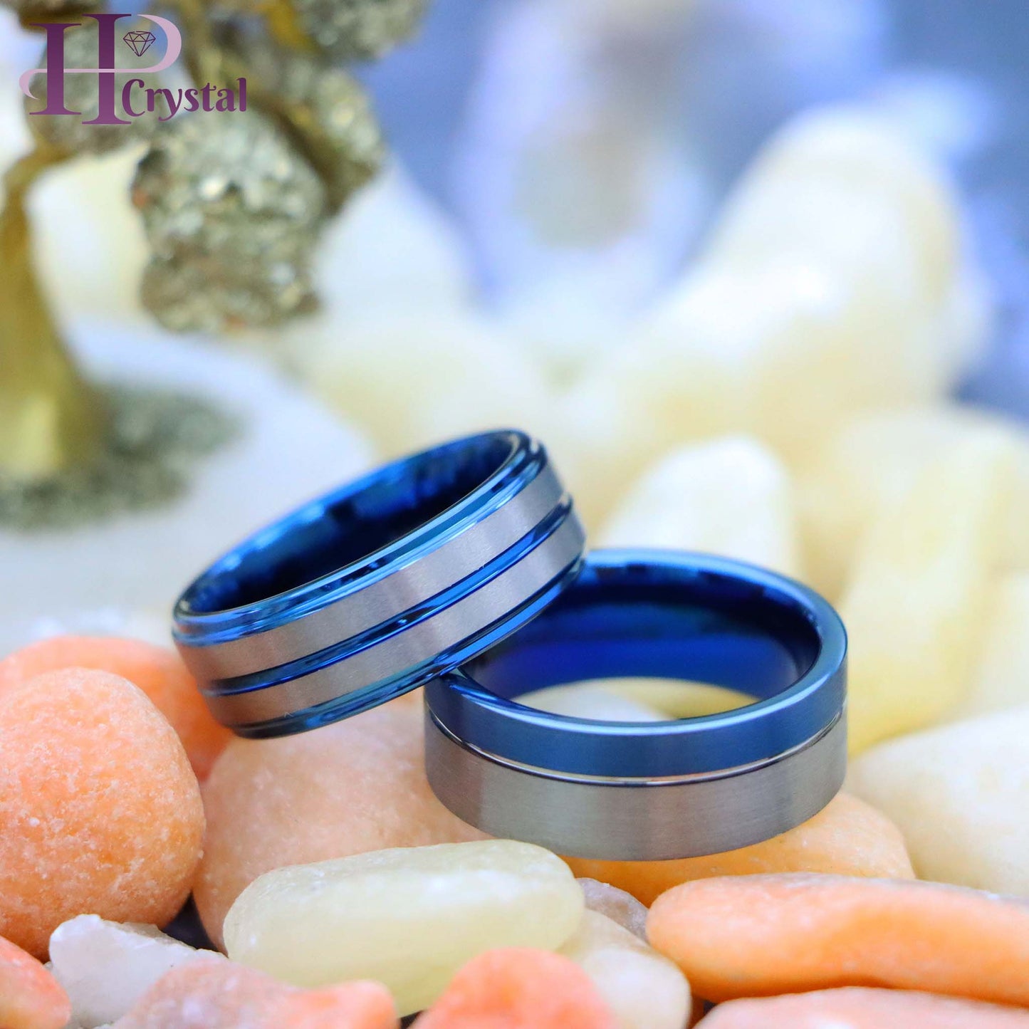 Off-Center Grooved Blue IP Plated Brushed Pipe Cut /Stepped Edge Tungsten Ring