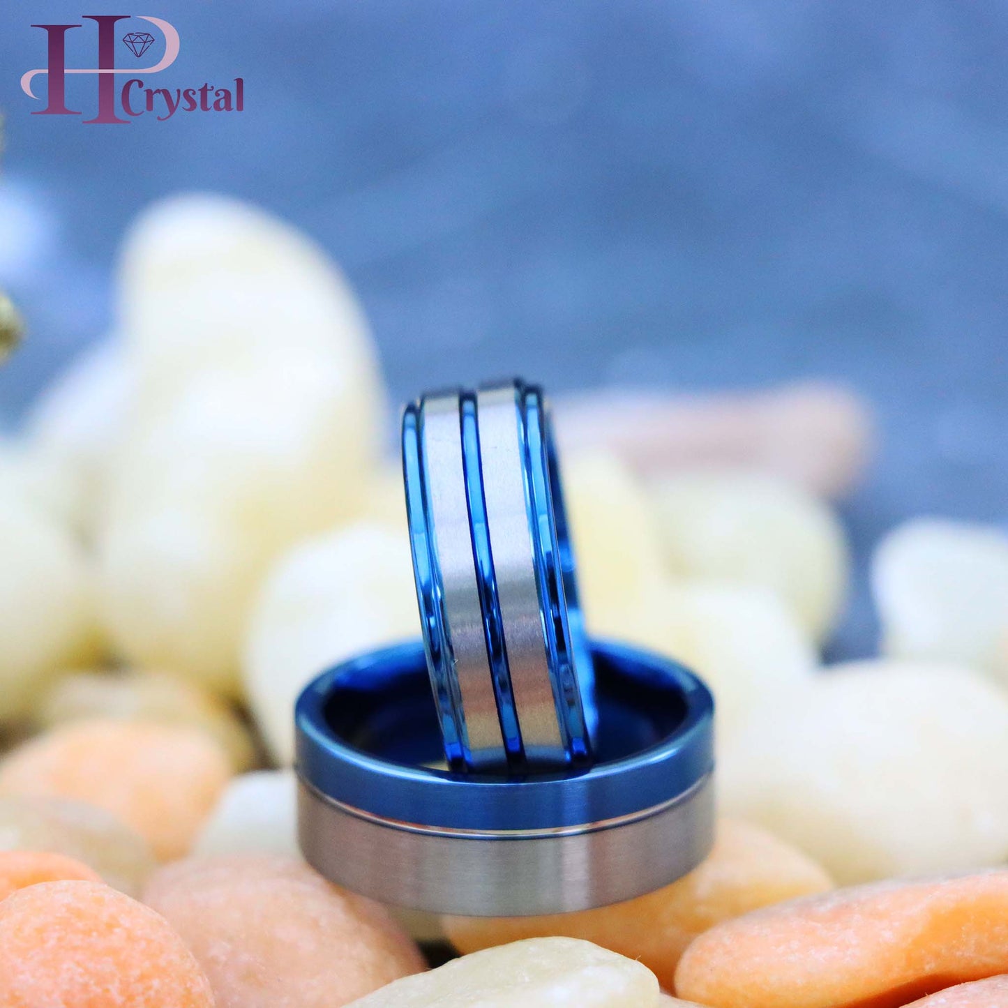 Off-Center Grooved Blue IP Plated Brushed Pipe Cut /Stepped Edge Tungsten Ring
