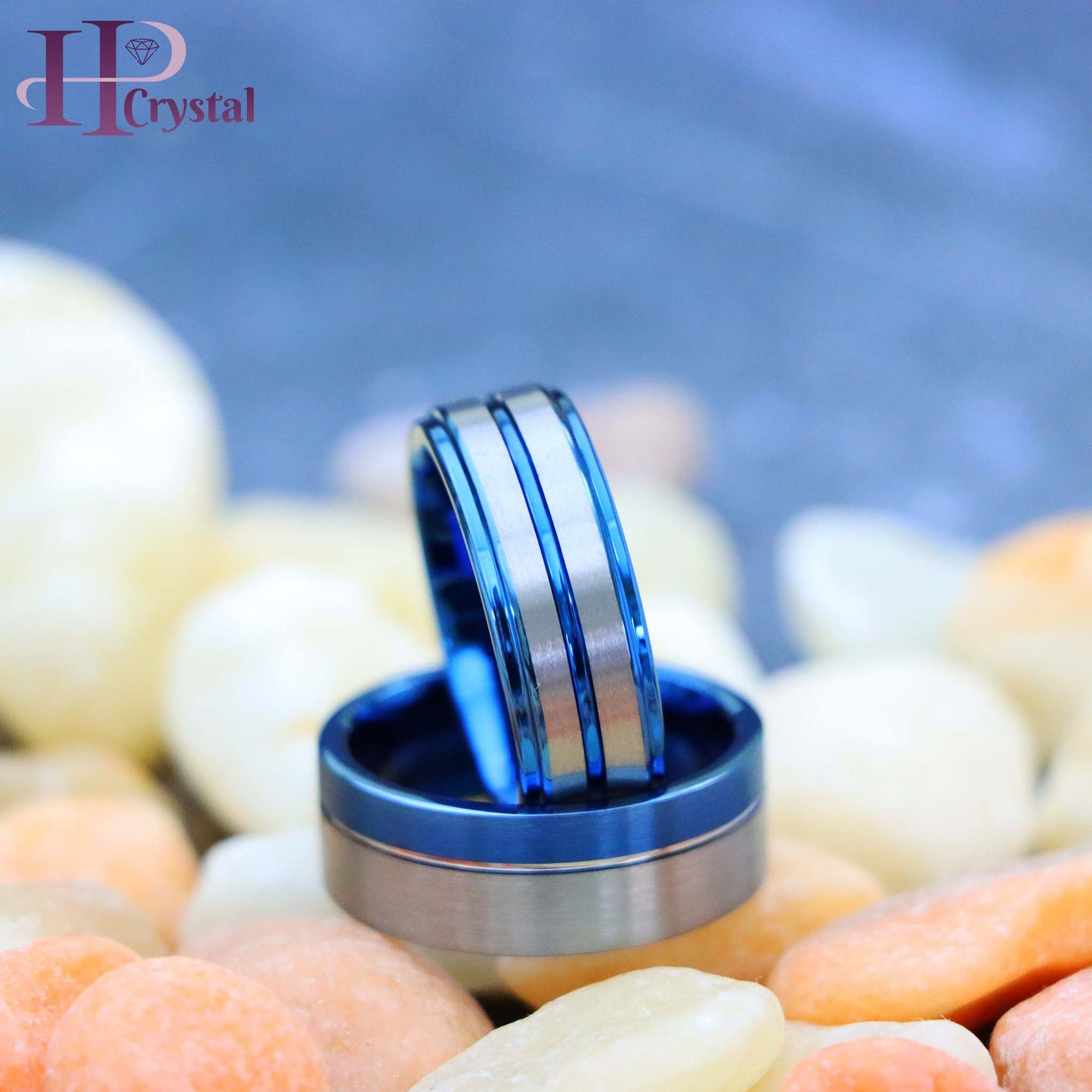 Off-Center Grooved Blue IP Plated Brushed Pipe Cut /Stepped Edge Tungsten Ring