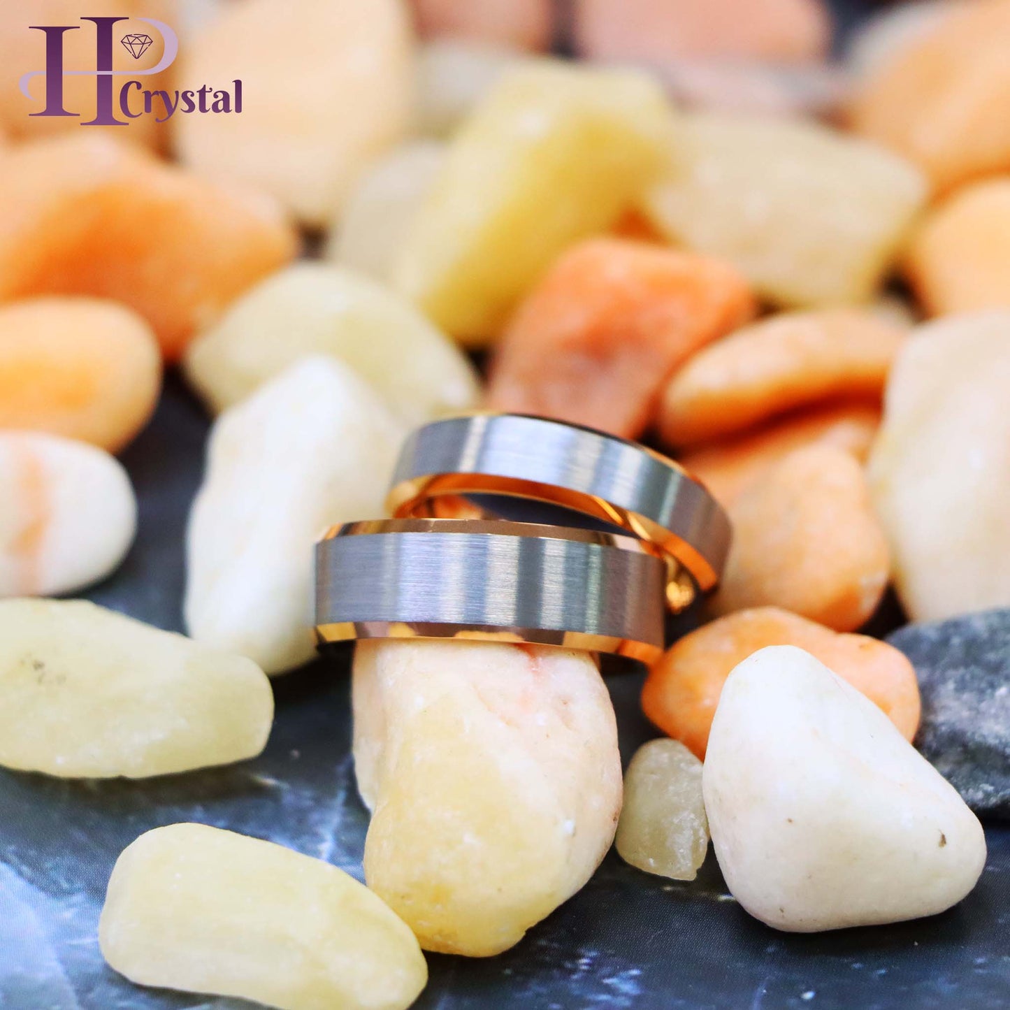 Brushed Center, Rose Gold Plated Beveled Edge & Inside Tungsten Ring