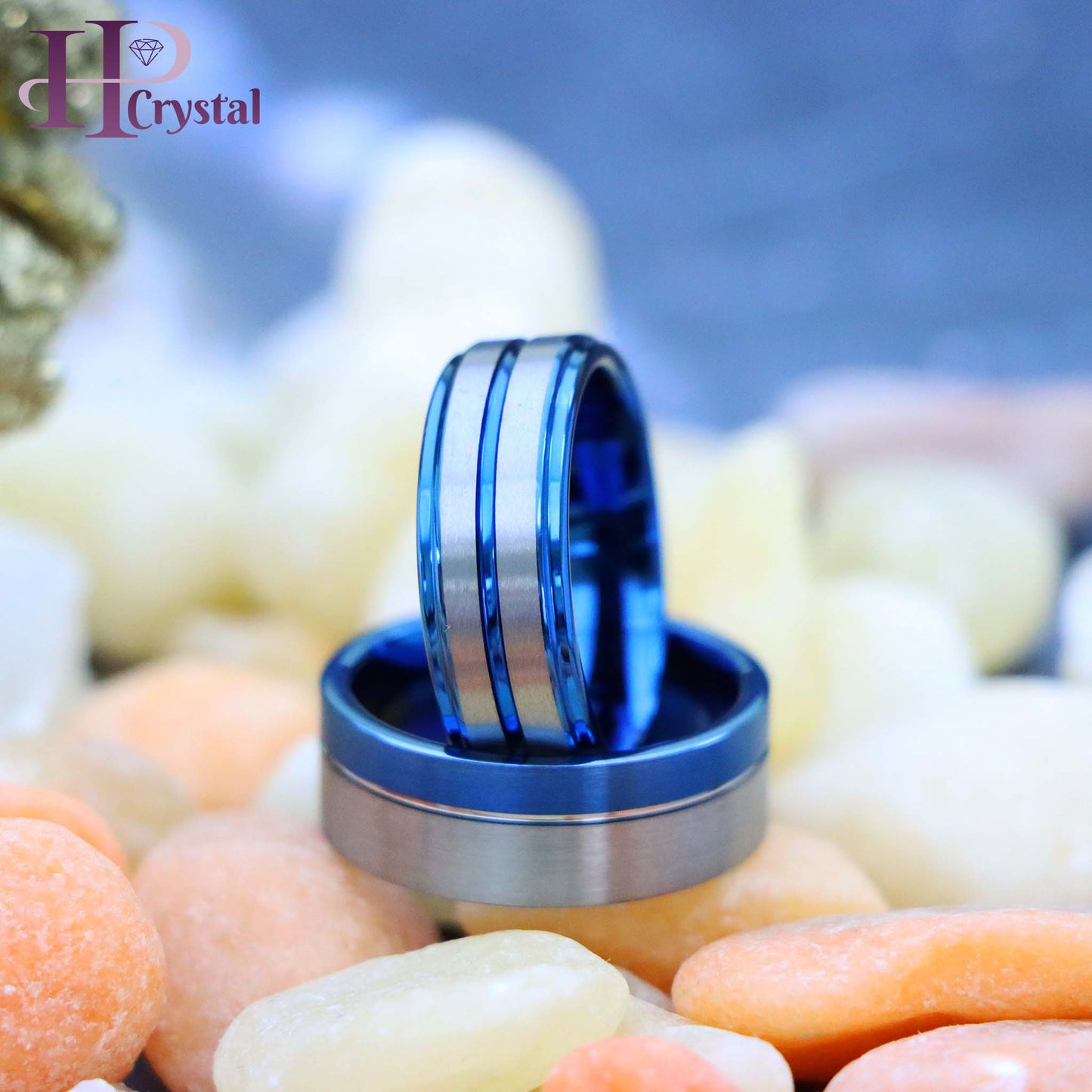 Off-Center Grooved Blue IP Plated Brushed Pipe Cut /Stepped Edge Tungsten Ring