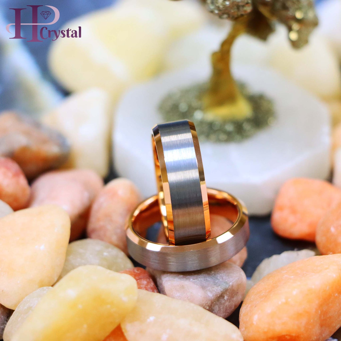 Brushed Center, Rose Gold Plated Beveled Edge & Inside Tungsten Ring