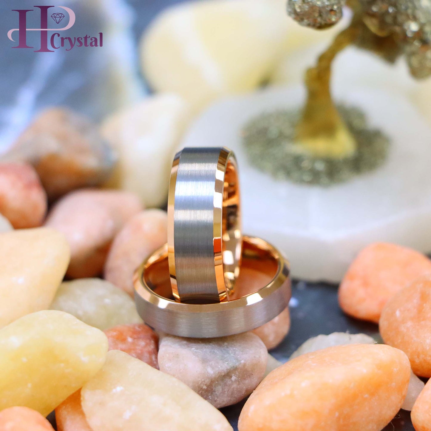 Brushed Center, Rose Gold Plated Beveled Edge & Inside Tungsten Ring