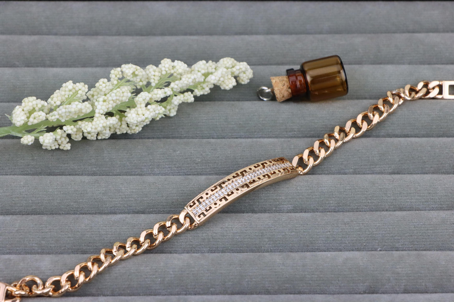 Rose Gold Greek Key Chain Bracelet with Cubic Zirconia, XPBL1914 (2047-2)