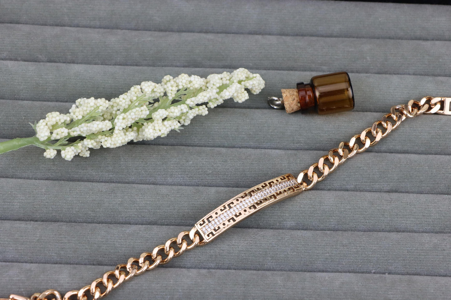 Rose Gold Greek Key Chain Bracelet with Cubic Zirconia, XPBL1914 (2047-2)