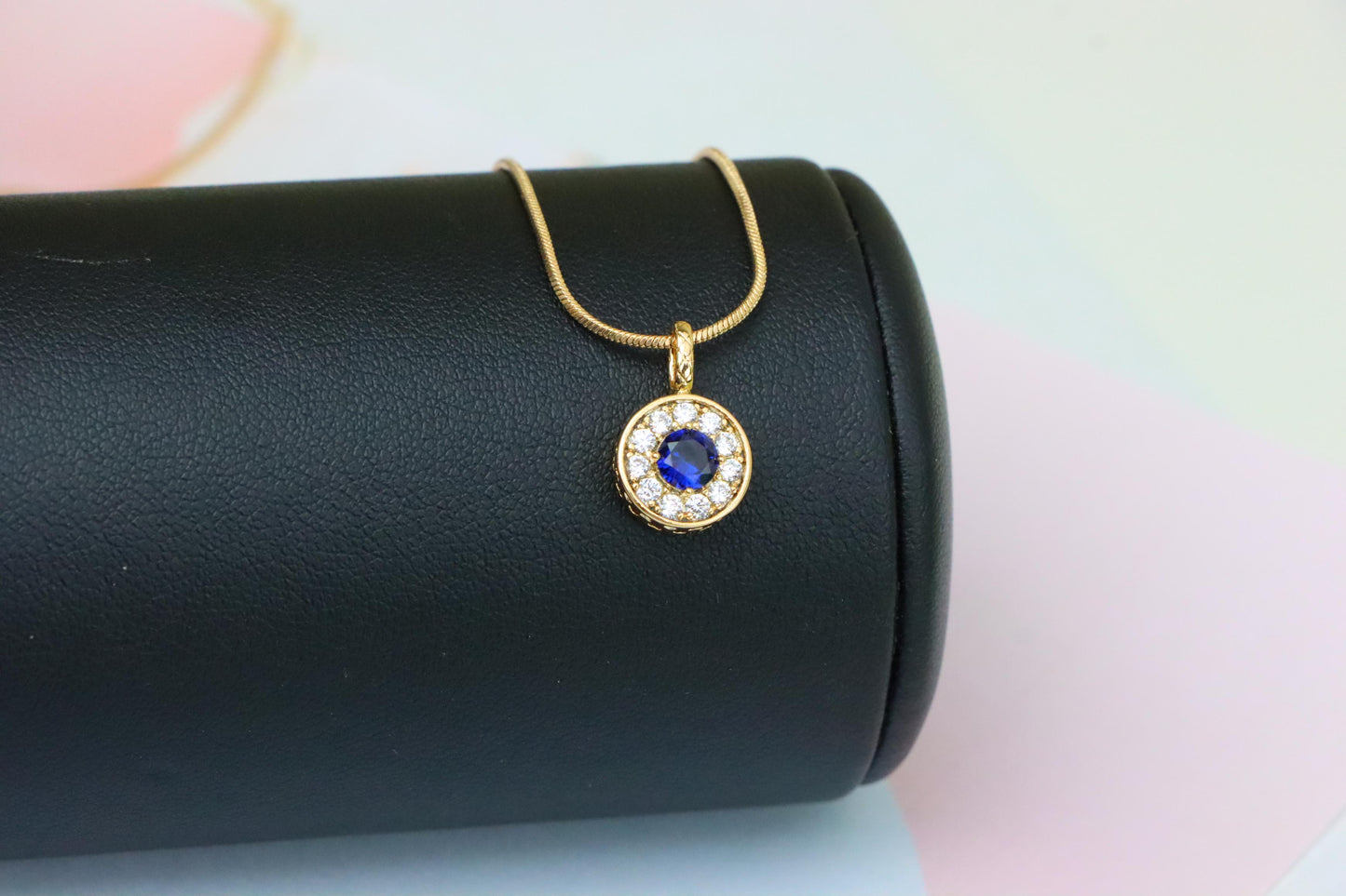 Round Blue Crystal Rose Gold Pendant with Sparkling Halo, XPPT1589 (2146-9)