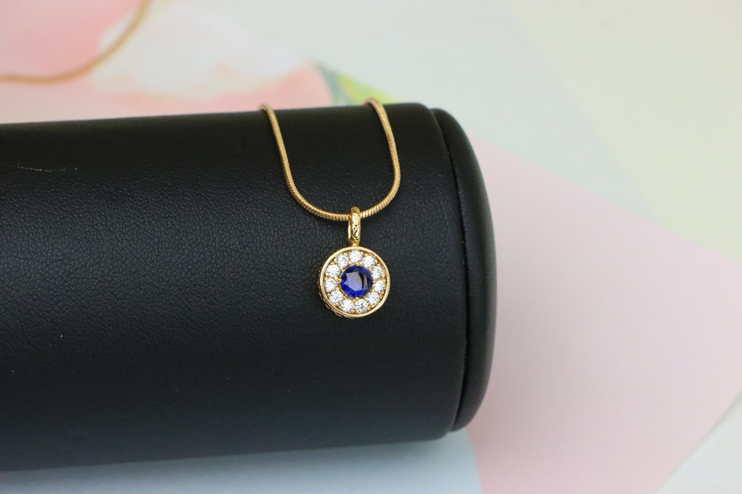 Round Blue Crystal Rose Gold Pendant with Sparkling Halo, XPPT1589 (2146-9)
