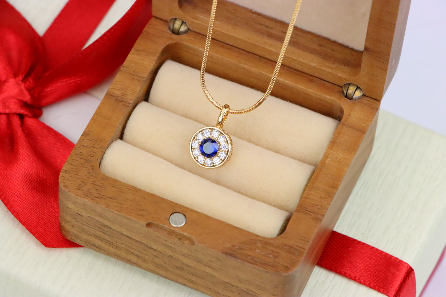 Round Blue Crystal Rose Gold Pendant with Sparkling Halo, XPPT1589 (2146-9)