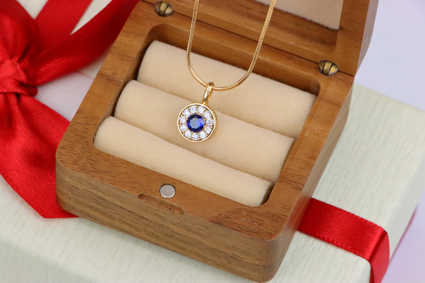 Round Blue Crystal Rose Gold Pendant with Sparkling Halo, XPPT1589 (2146-9)